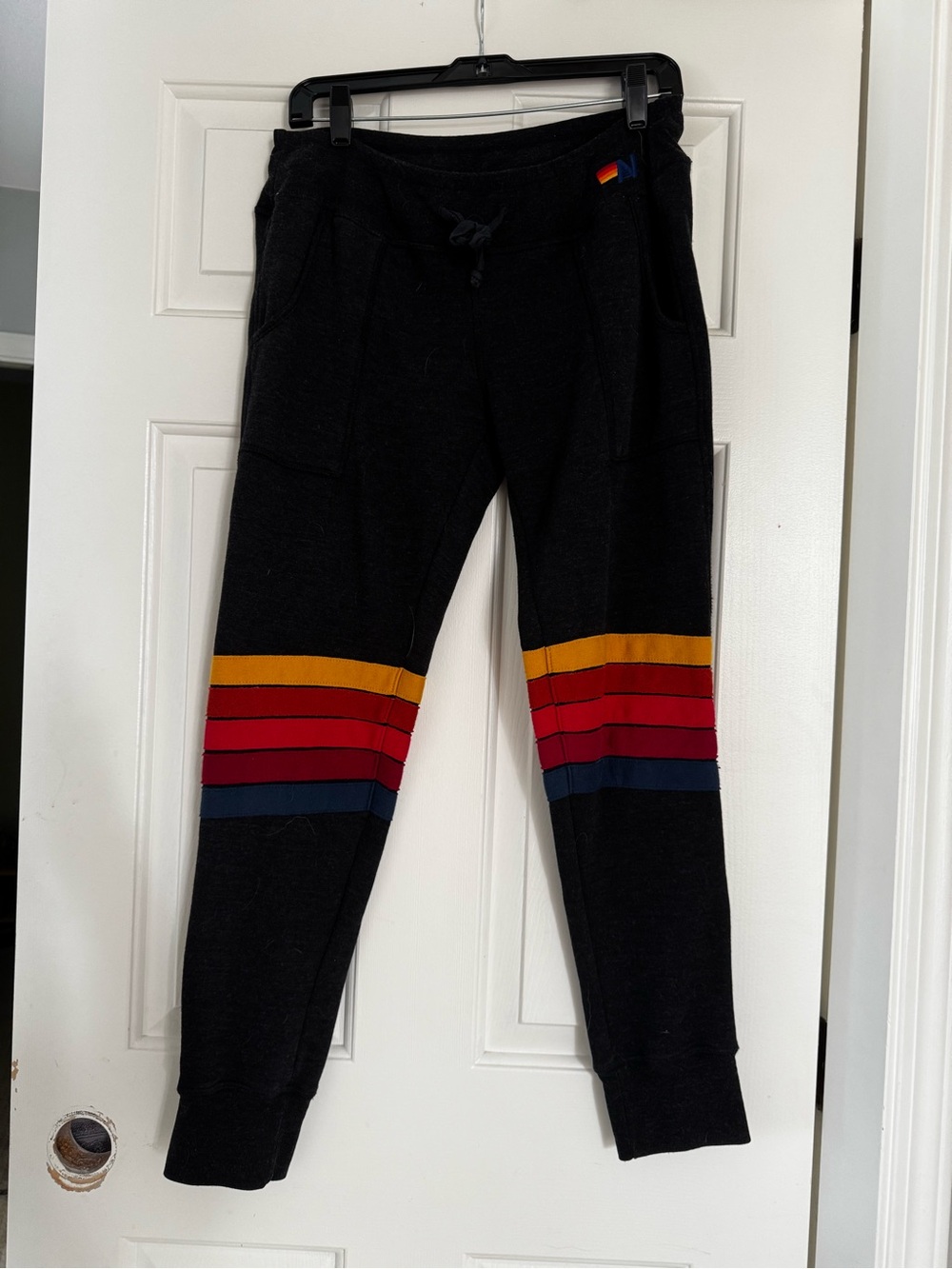 Aviator Nation women’s charcoal grey/black Joggers with Rainbow Stripe Detail